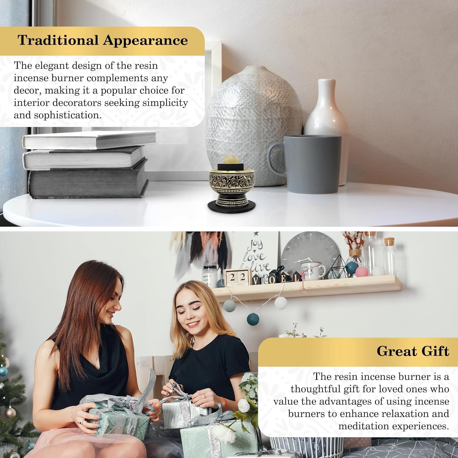 Cultural Black Brass Incense Burner with Wooden Coaster - Perfect for Meditation