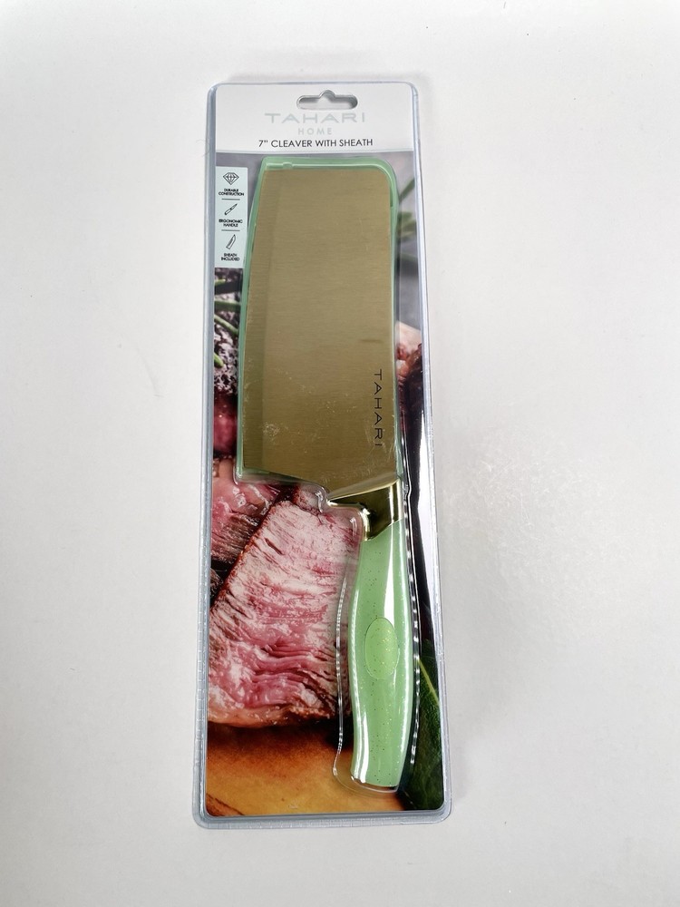 TAHARI 7”Gold Plted Stainless CleaverKnifeW/ Protective Sheaths Ergonomic Handle