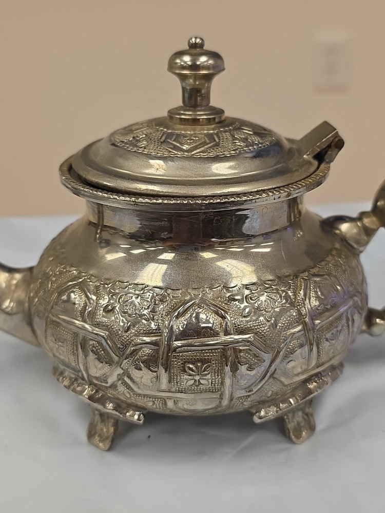 Middle Eastern Silver Plate Heavy Decorative Embossed Teapot w/ Hinged Lid