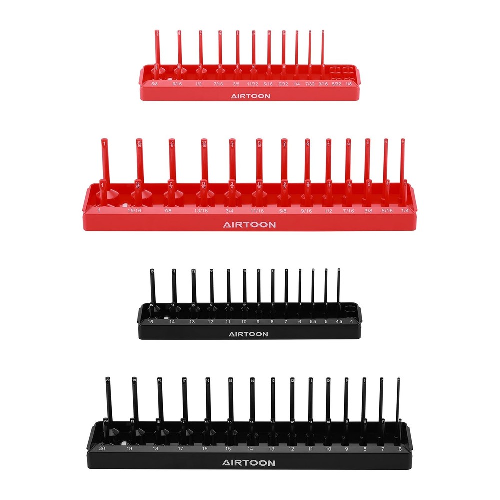 4-Piece Socket Organizer Set - SAE & Metric Holders for Toolboxes, Black & Red