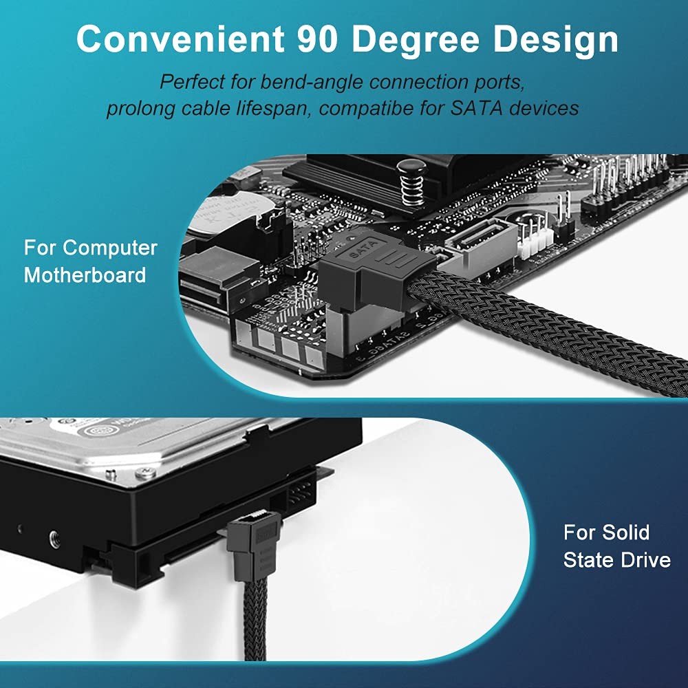 SATA III Cable, 6Gbps 90 Degree Right Angle HDD SDD Data Cable, SATA 3.0 Nylo...