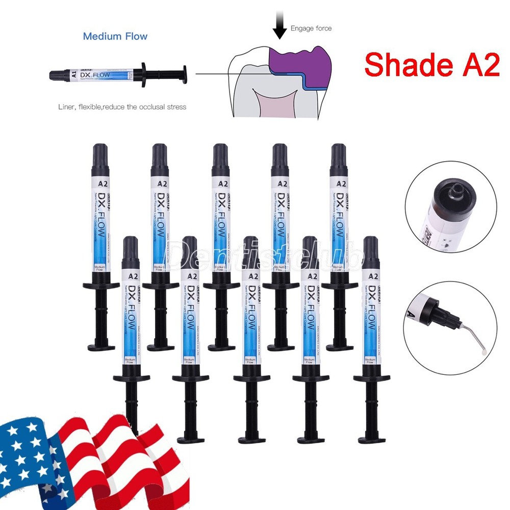 5Pc Dentex Dental Light Cure Composite Resin Medium Flow Shade A2 3g/Pc