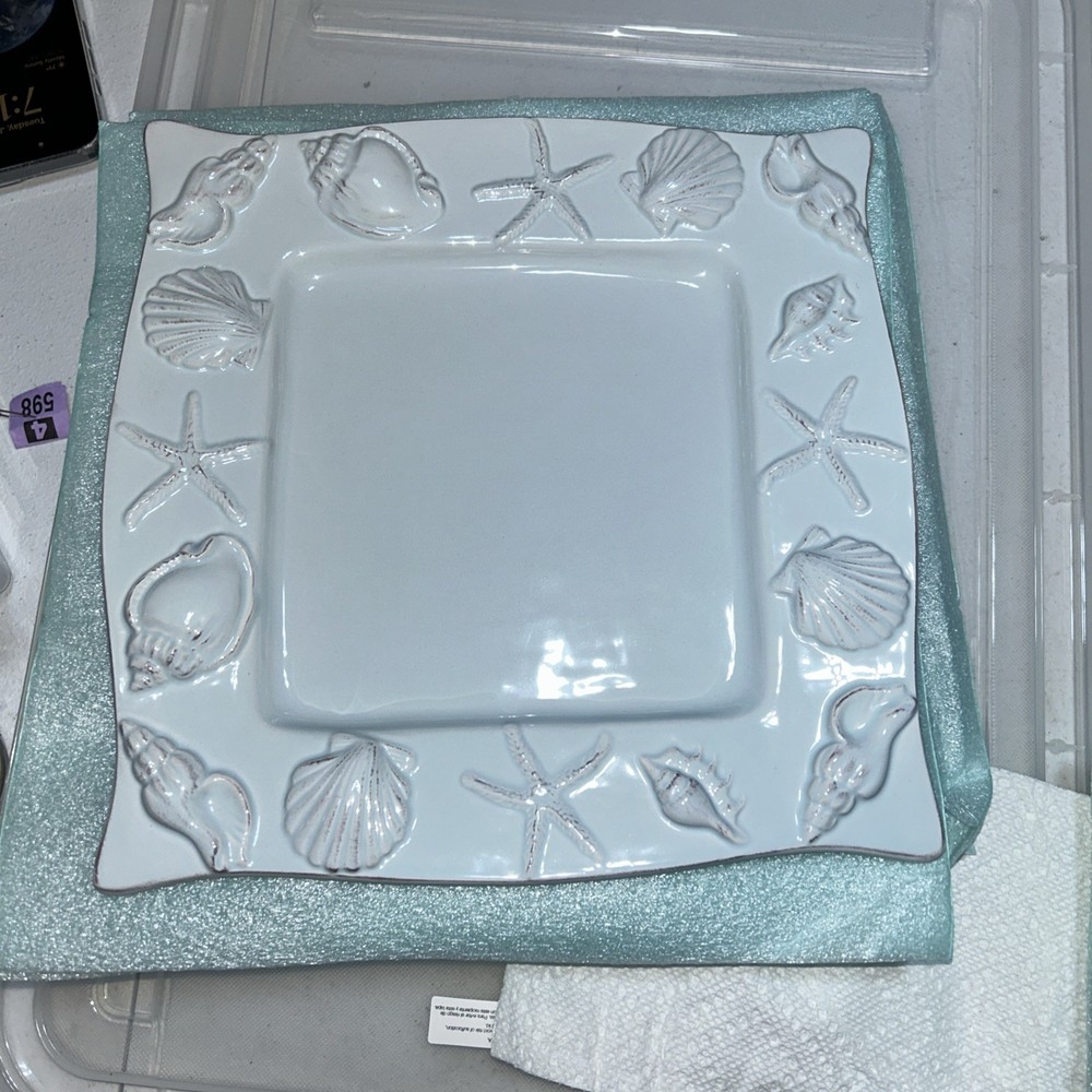 BLUE SKY CERAMICS Blue Shell Starfish Ocean Square Beachy Dinner  Serving Plate