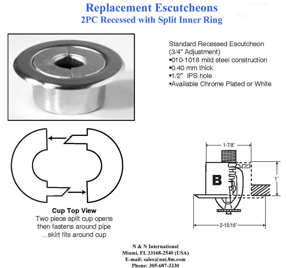 Replacement Split Fire Sprinkler Recessed Escutcheon Chrome- 1/2" IPS