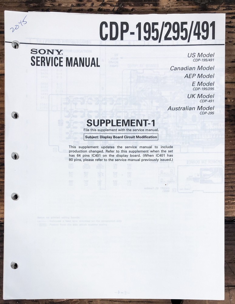 Sony CDP-195 -295 -491 CD Player Supp. Service Manual *Original*