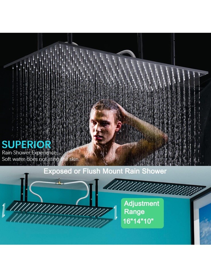 ENGA 4 Handle Thermostatic 6 Jet +16 x 32”Ceiling Rainfall Shower System With