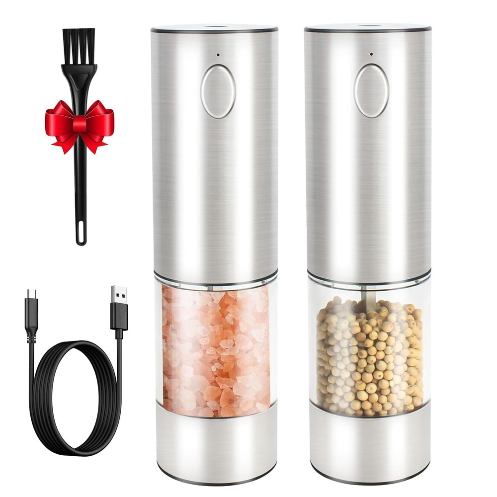 Salt & Pepper Grinder - Automatic Spice Mill Set with Adjustable Coarseness -...
