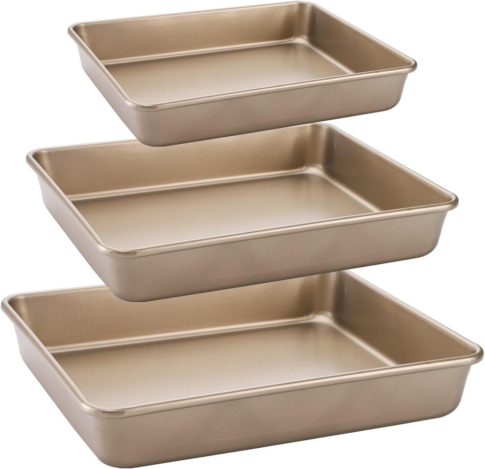 Deep Baking Pan Set (3 Piece Set), Oven Use Nonstick Rectangular Cake Baking Pan