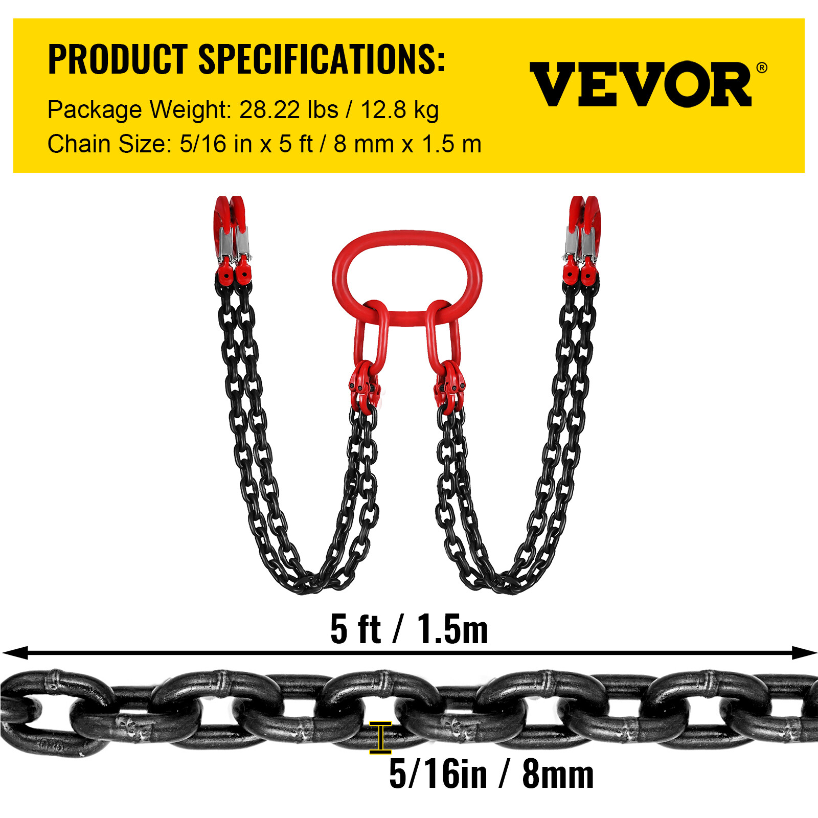 5/16"x5FT Chain Sling w/ 4 Legs 5T/11000 lbs Load T8 Grab Hooks Alloy Steel