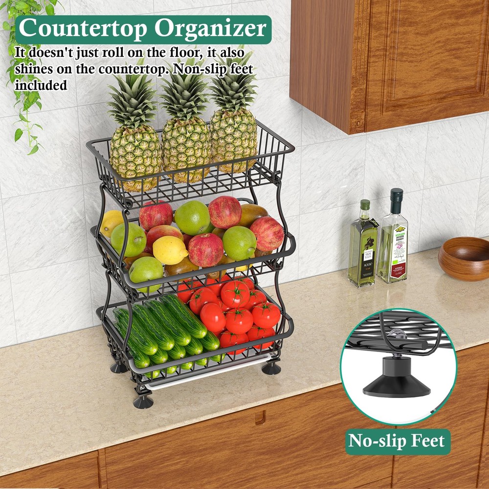 3-Tier Rolling Pantry Floor Organizer and Storage Cart with Wheels, Stackable...