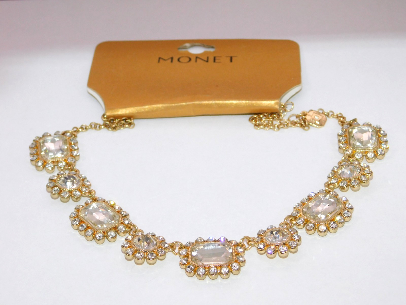 MONET Clear Faceted Glass Rhinestone Statement Necklace New with Tag
