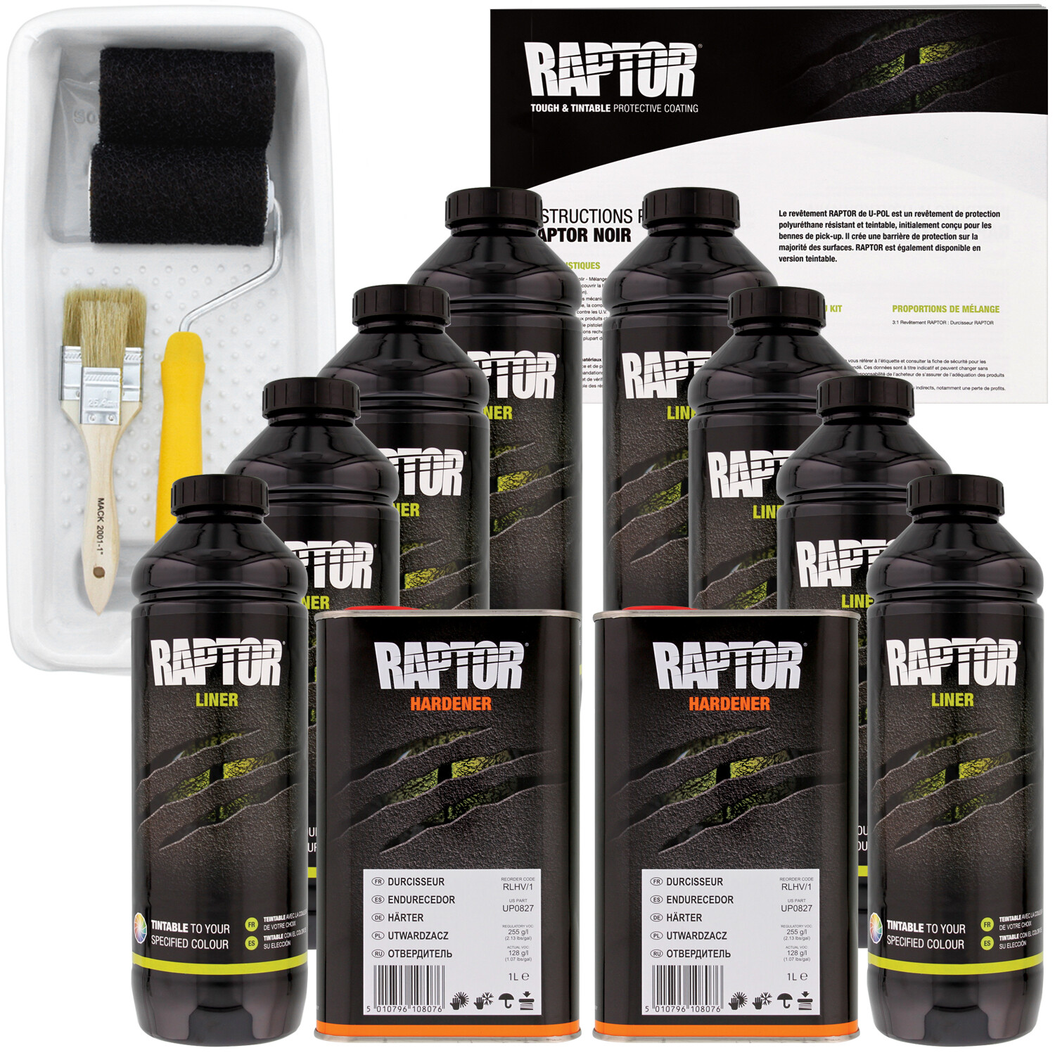U-POL Raptor Tintable Spray-On Truck Bed Liner Kit,Tray & Brush, 8 Liters
