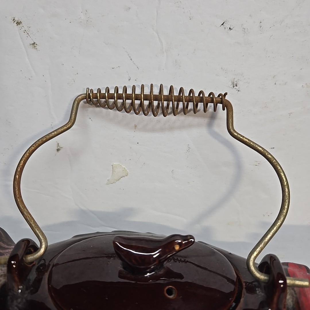 Vintage 1950's Redware Bird Shaped Teapot with Metal Spirl Handle 10in Long