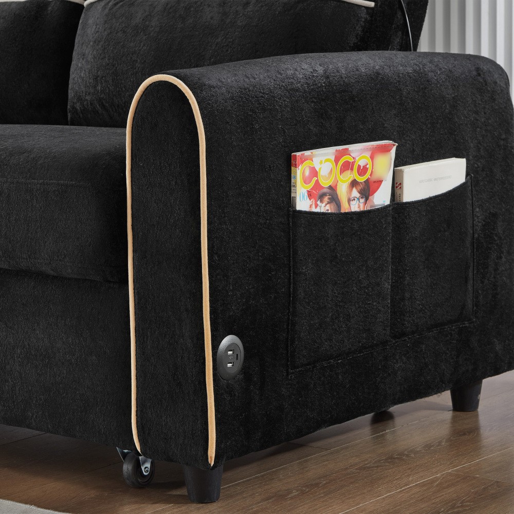 Chenille Sofa Bed Pull Out Sleeper w/ USB Charging, 3-Position Backrest Black