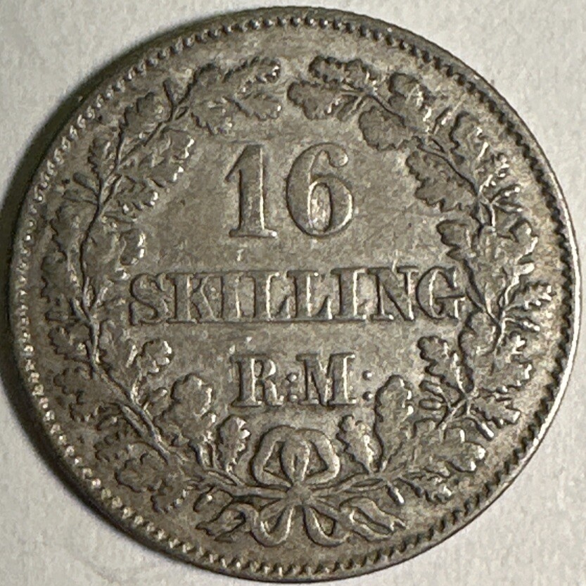 1857 Denmark 16 Skilling Coin