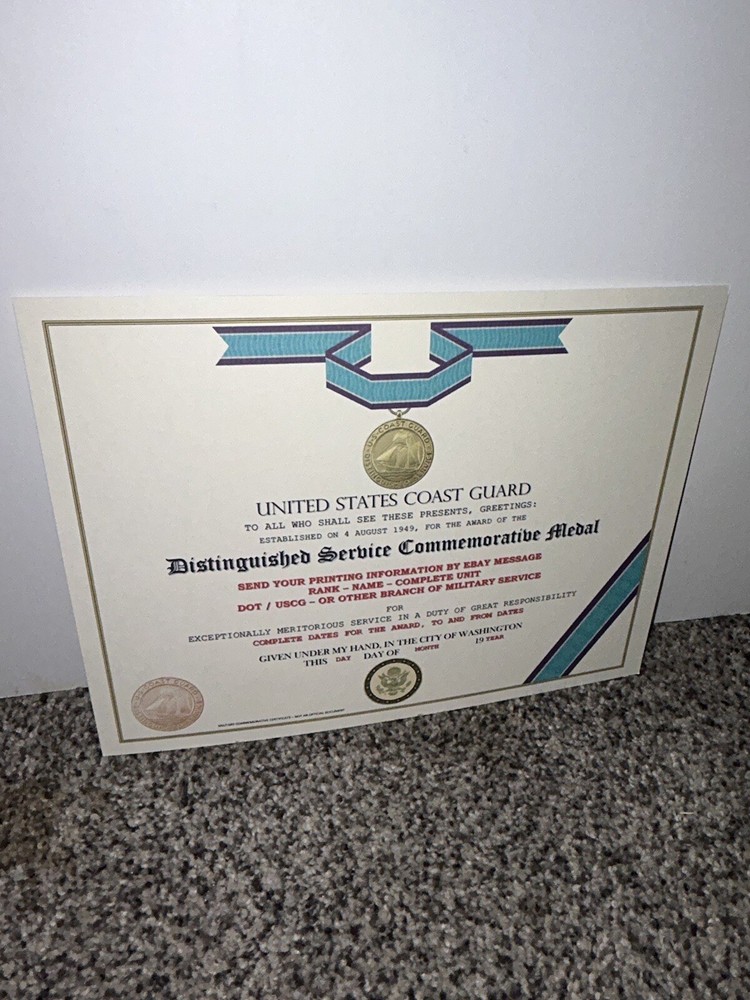 USCG DISTINGUISHED SERVICE MEDAL COMMEMORATIVE CERTIFICATE ~ TYPE-2 w/PRINTING