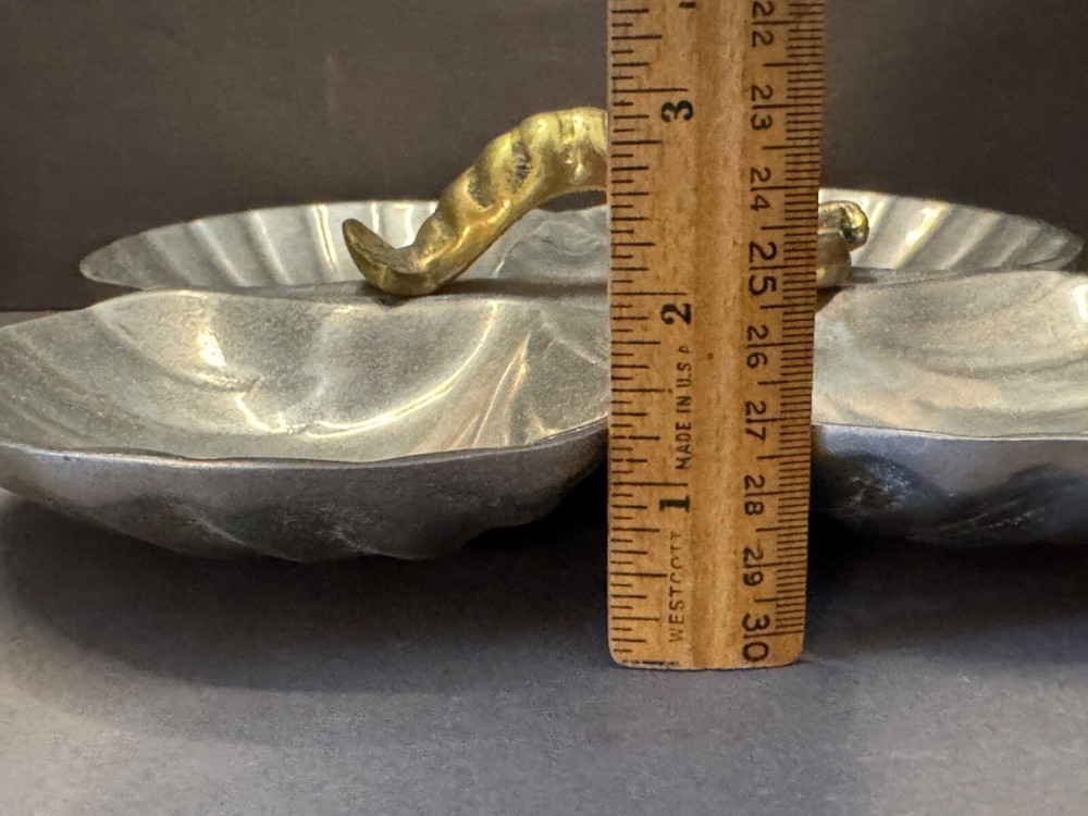 SILVER TONE SCALLOPED SHELL BRASS LOBSTER HANDLE DIVIDED CANDY NUT DISH TRAY