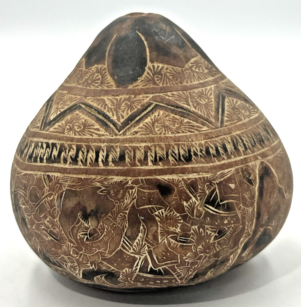 VTG Peruvian Hand Carved Etched Gourd Mate Burilado Storyteller Folk Art 3.5"