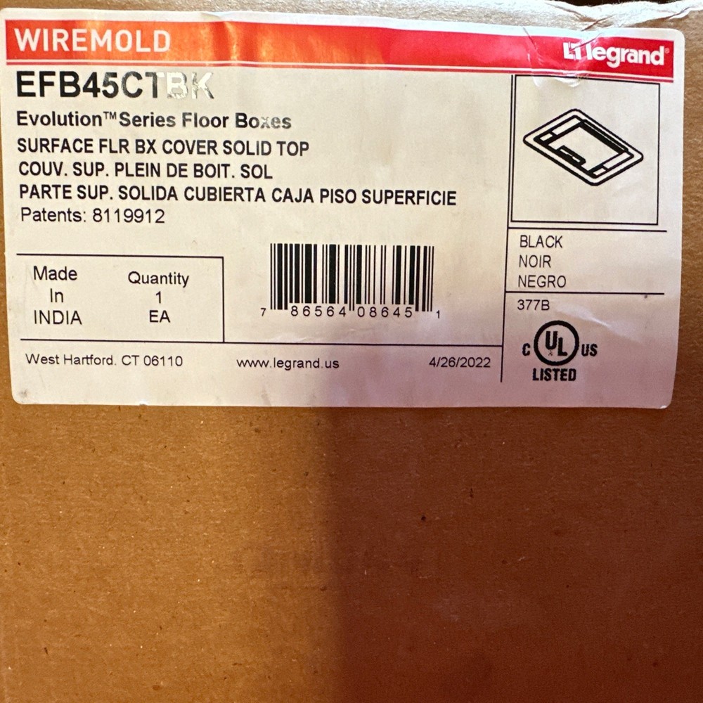 🔴Wiremold EFB45CTBK EVOLUTION SERIES FLOOR BOX SURFACE COVER SOLID TOP BLACK‼️