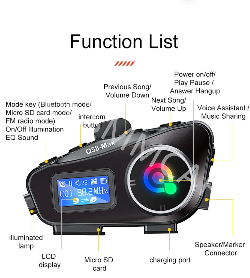 Motorcycle Bluetooth Intercom Helmet Headset Rider FM LCD Flashlight Waterproof