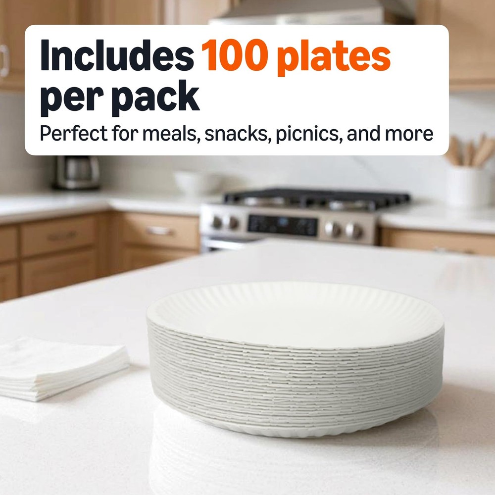 Amazon Basics 9" Uncoated White Paper Plates 100 1 pack (100 count),