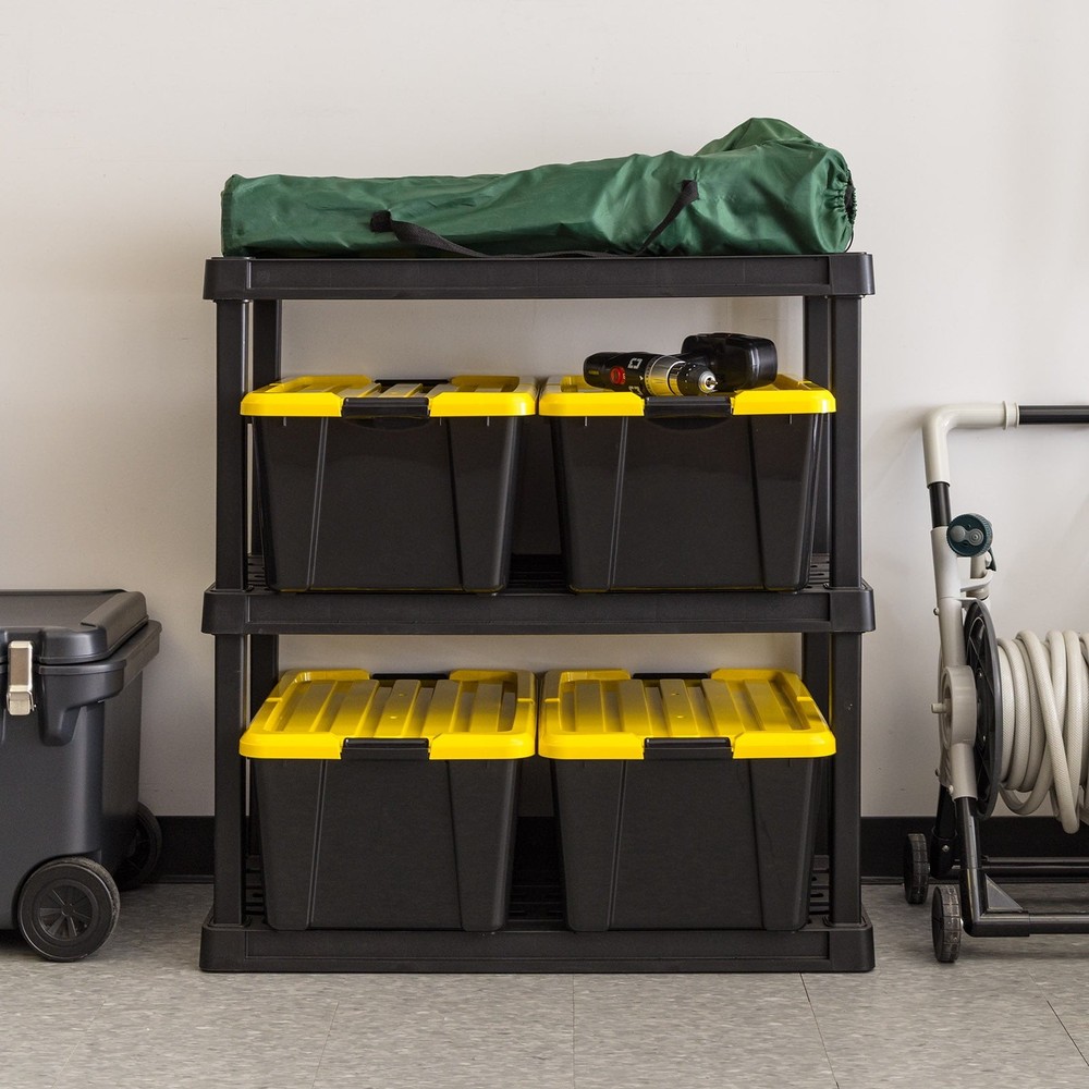 45 Qt Black Plastic Stackable Storage Bin with Lid Tote, 4-Pack