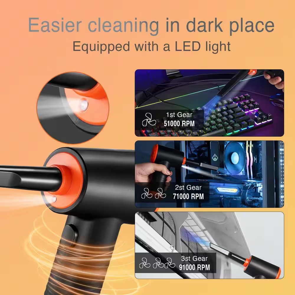 Multi-Purpose Compressed Air Duster, Cordless Compressed Air Blower with Led for