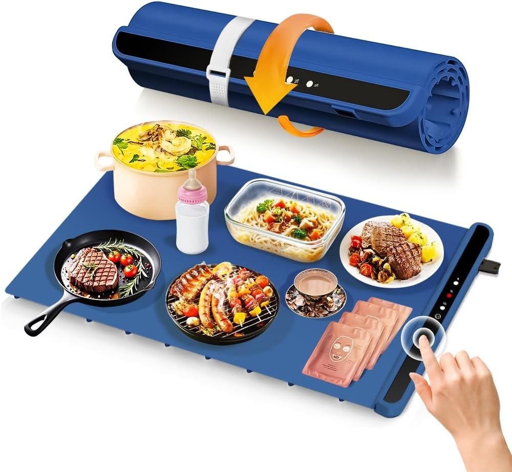 Mareale Portable Food Warming Mat w/ Multiple Temps Timer Blue Silicone