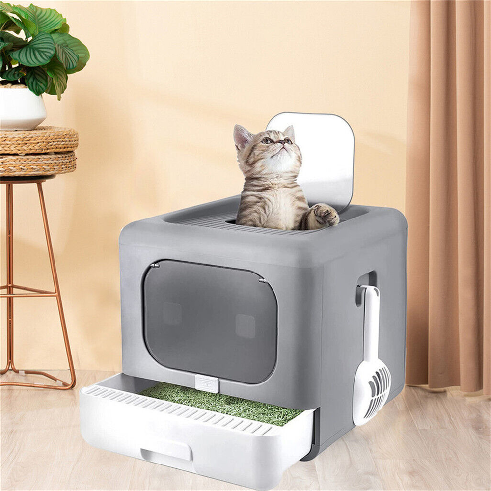Large Space Cat Litter Box Front Top Entry with Scoop Drawer Foldable Detachable