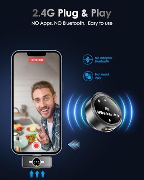 Wireless Lavalier Microphone for iPhone/Android, Lapel Mics with USB Lightning