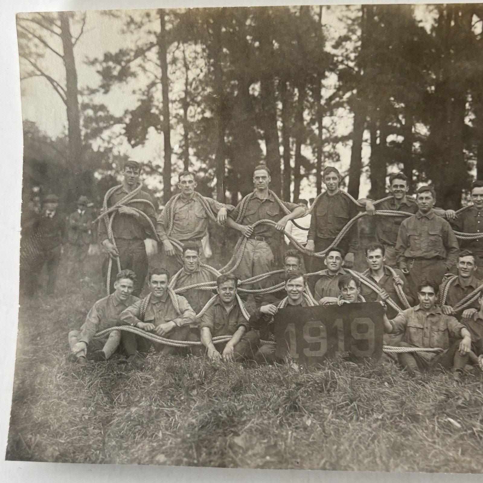 Antique 1919 WWI Era Photo US Soldiers Army Camp Flag Double Rope Original Odd