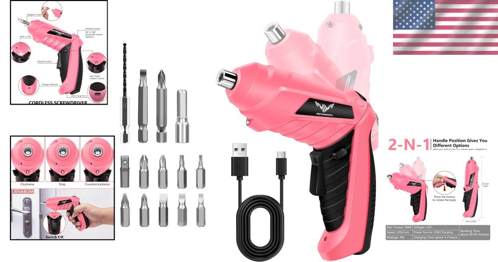 Stylish 3.6V Pink Cordless Screwdriver with 14 Bits & LED Light - Efficient Tool