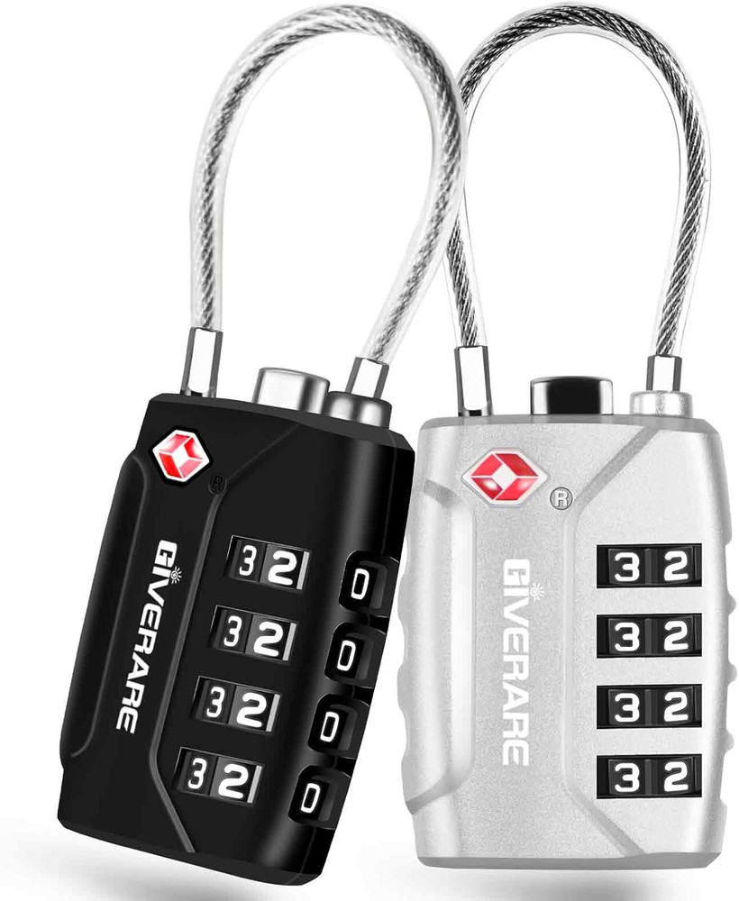 2-Pack TSA Cable Combo Locks 4-Digit, TSA Approved, Weatherproof, Black & Silver