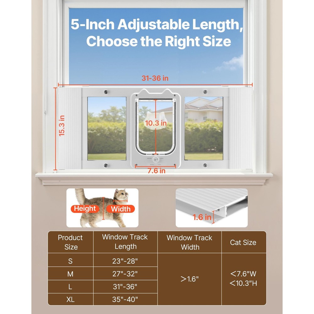 Cat Door for Window, Adjustable to Fit Window Width 31"-36", 4 Secure Lock Modes