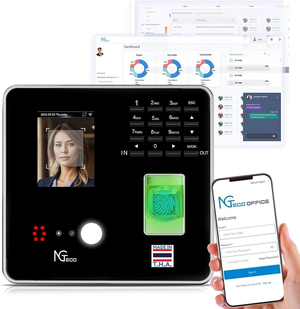All-in-One TC1 Time Clock: Cloud Solution with RFID, Face & Fingerprint Access