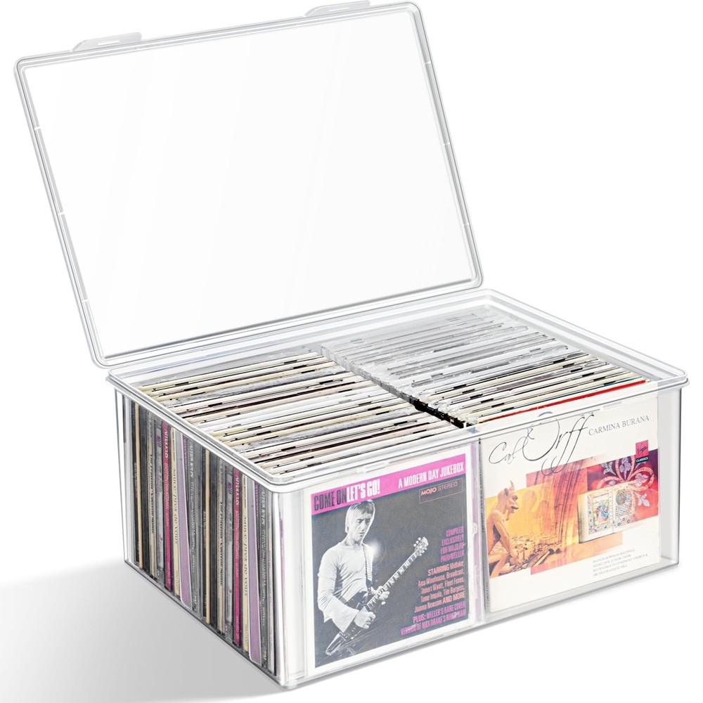 CD Storage Box, Stackable Clear Plastic Organizer 12.5 x 9 x 5.5 inches