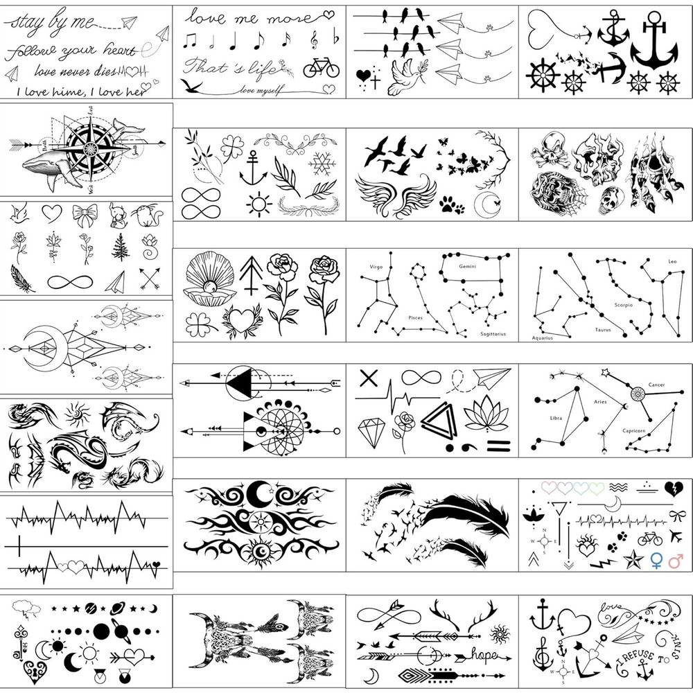 Tiny Waterproof Temporary Tattoos - 60 Sheets, Moon Stars Constellations Music C