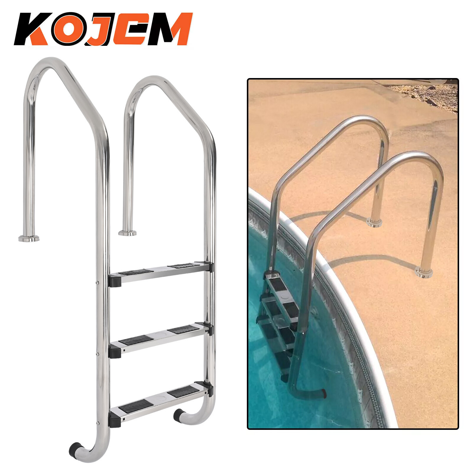 KOJEM Non-Slip 3-Step Stainless Steel Swimming Pool Ladder For In-Ground Pools