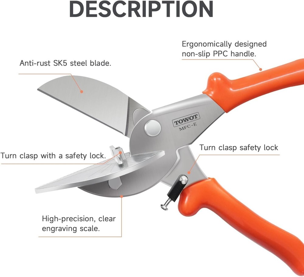 Multi Angle Miter Shear Cutter Adjustable 45-135° Safety Lock for Plastic PVC