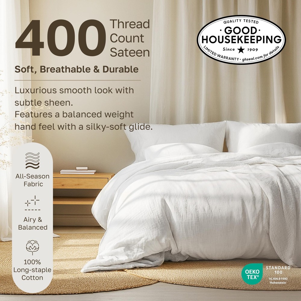 Flat White King Sheets Only - Soft 400 Thread Count 100% Cotton Sateen, & Bre...