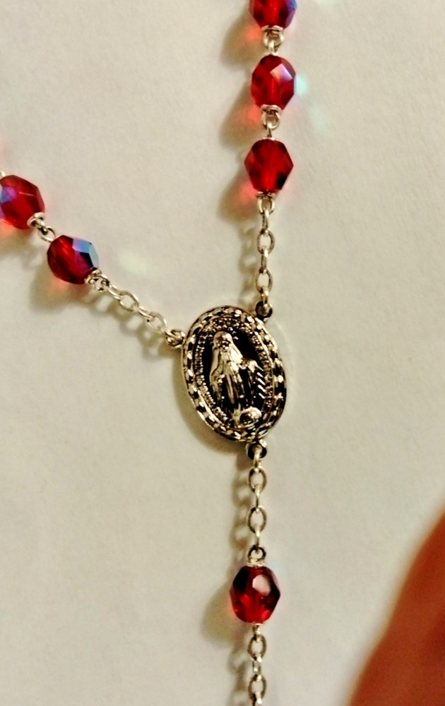 Vintage Ruby Red Crystal Rosary Aurora Borealis Beads ITALY NOS