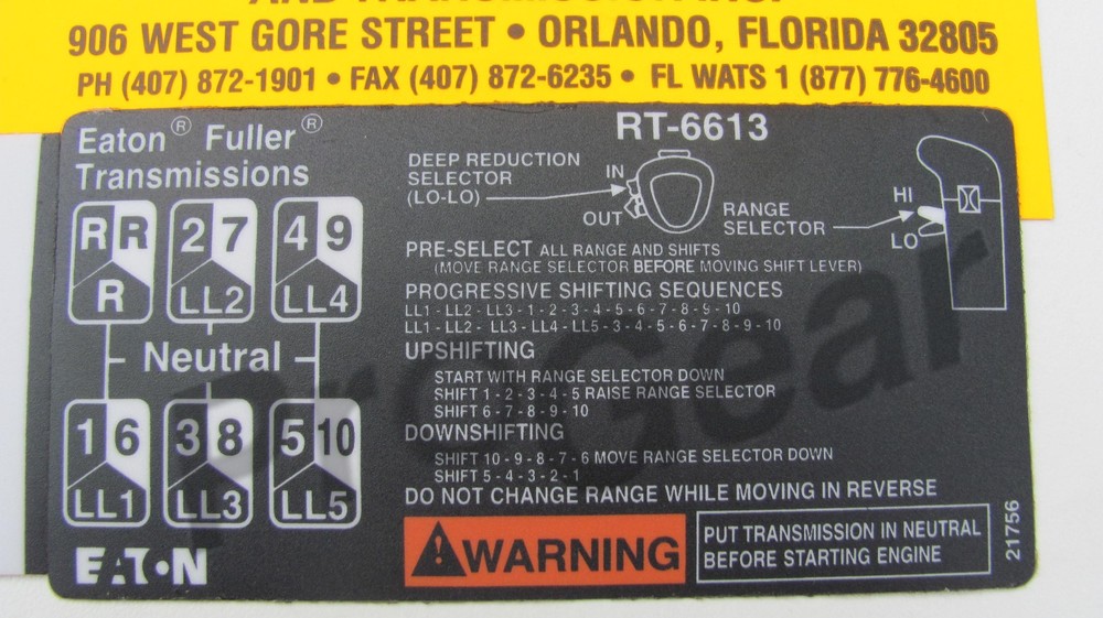 Fuller transmission 13 speed RT6613 shift pattern RT613 21756