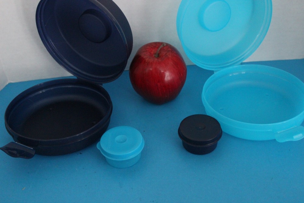 Tupperware BLUE Round SANDWICH Bagel KEEPERS includes fitted condiment Smidgets