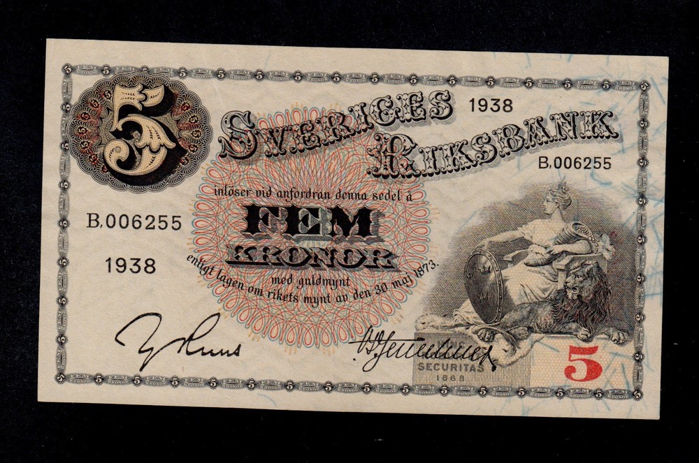 SWEDEN 5 KRONOR 1938 B PICK # 33u AU-UNC.