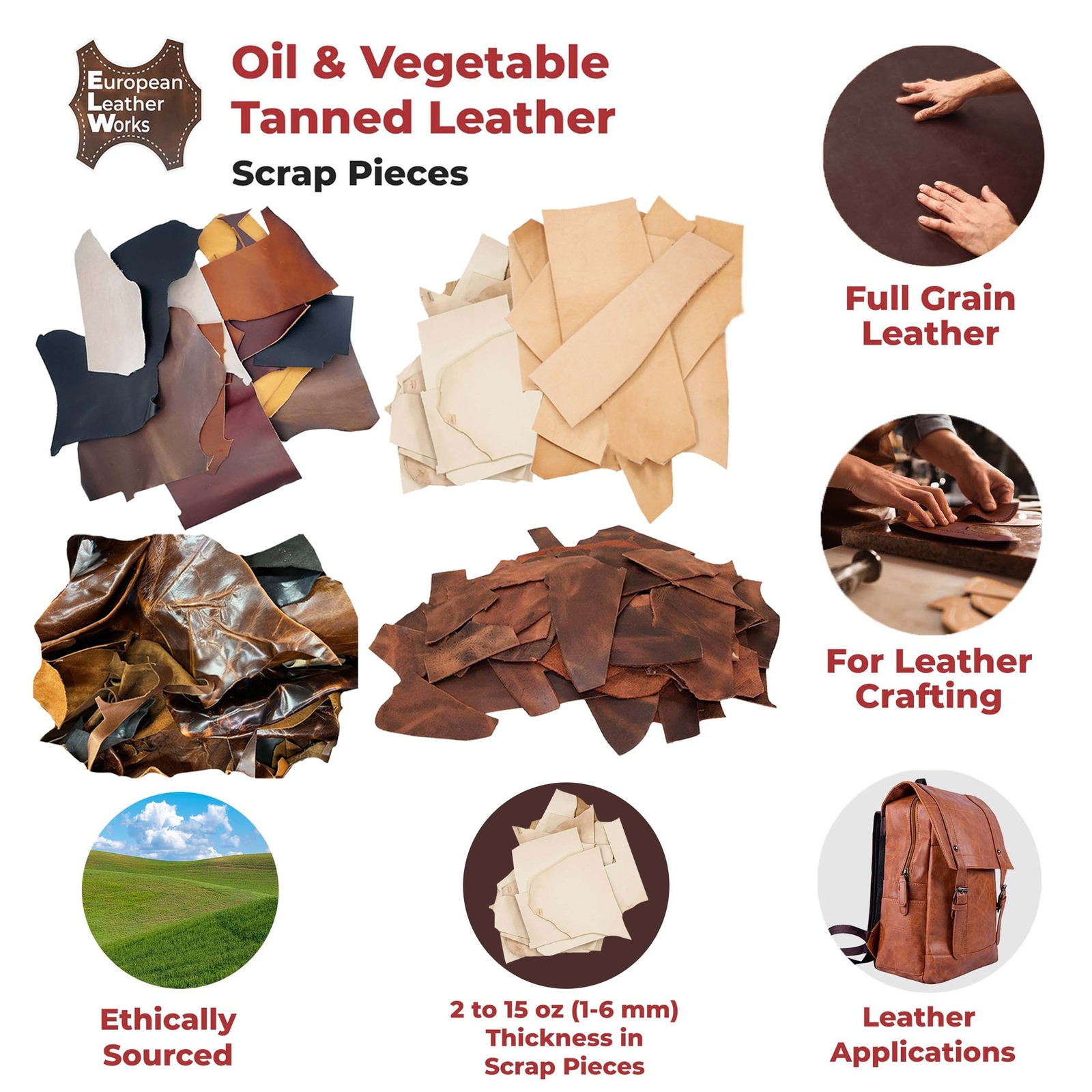 ELW Vegetable & OilTanned Leather Scraps 2-15 oz (1.4-6mm) 1-30 lb Sizes
