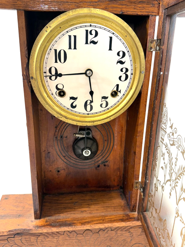 Vintage Gingerbread Style Mantle Clock Wind Up, Craved With Key