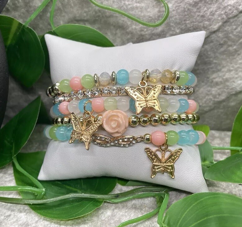 5 PC Handmade Boho Beaded Stackable 7” Plus Stretch Bracelet Set B2531