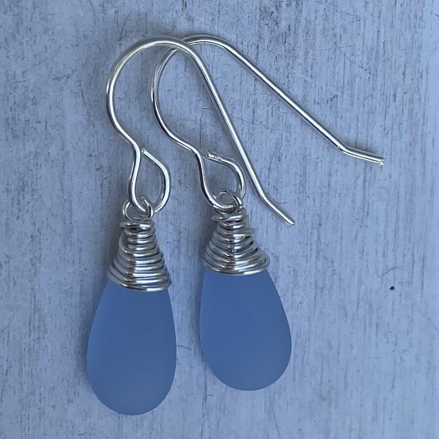 Min Favorit Pale Sky Blue Sea Glass Teardrop & Silver Pl Artisan Wrap Earrings