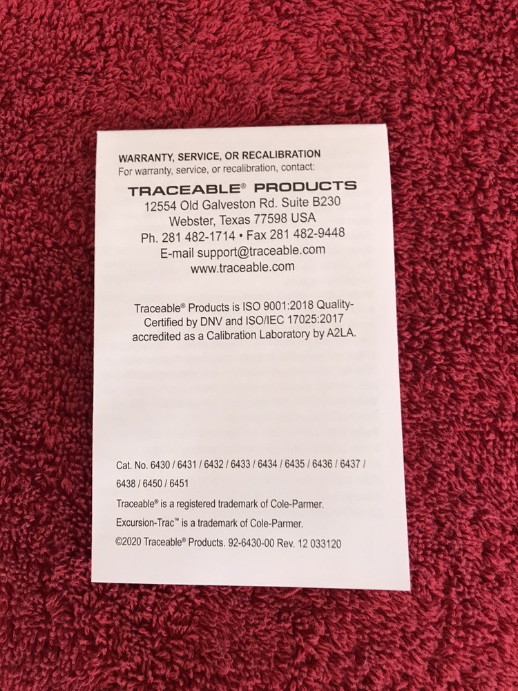 Traceable Excursion-Trac Data Logging Thermometer 6430 with Bottle Probe NEW