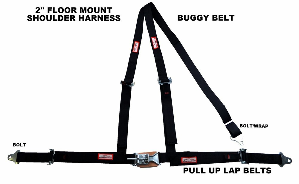 3 POINT SEAT BELT RACE HARNESS 2" LATCH & LINK PULL UP LAPS FLOOR MOUNT BLACK